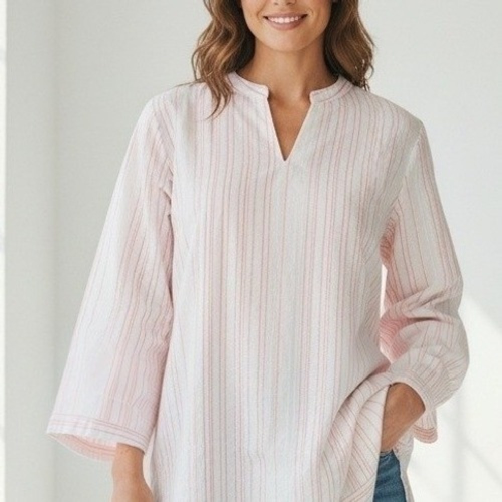 UNTUCKit Durfort Tunic Top Womens‎ 10 White Coral Striped Cotton Split Neck NWT